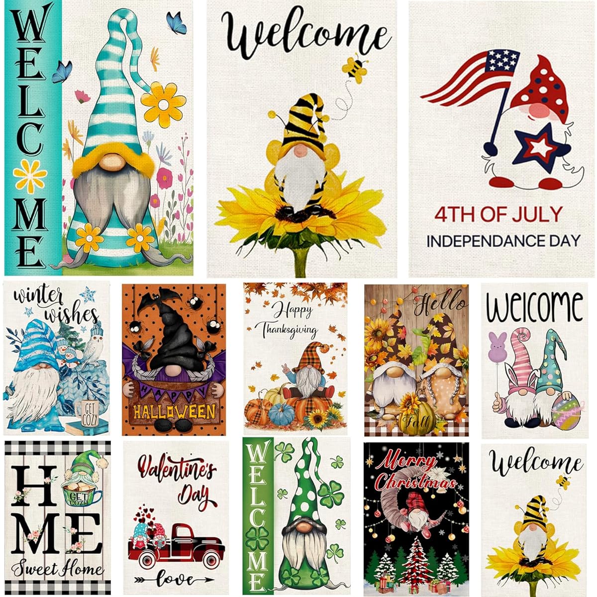 Gnome Garden Flags 12x18 Double Sided Set of 12 Outdoor Seasonal Yard Flags for Outdoor Holiday Farmhouse Decorations All Seasons (Gnome)