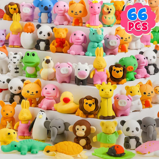 66 Pcs Animal Erasers for Kids, Cute Desk Pets for the Classroom, Cool 3D Puzzle Mini Erasers Bulk, Fun Back to School Gift Supplies, Classroom Rewards, Treasure Chest Toys for Kids Students