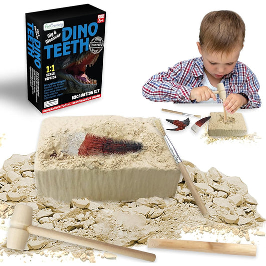 ArtCreativity Dig and Discover Dinosaur Teeth Excavation Kit for Kids - Triceratops and Spinosaurus Toy Fossil Teeth with 2 Excavation Tools - Interactive Dinosaur Gift for Boys and Girls