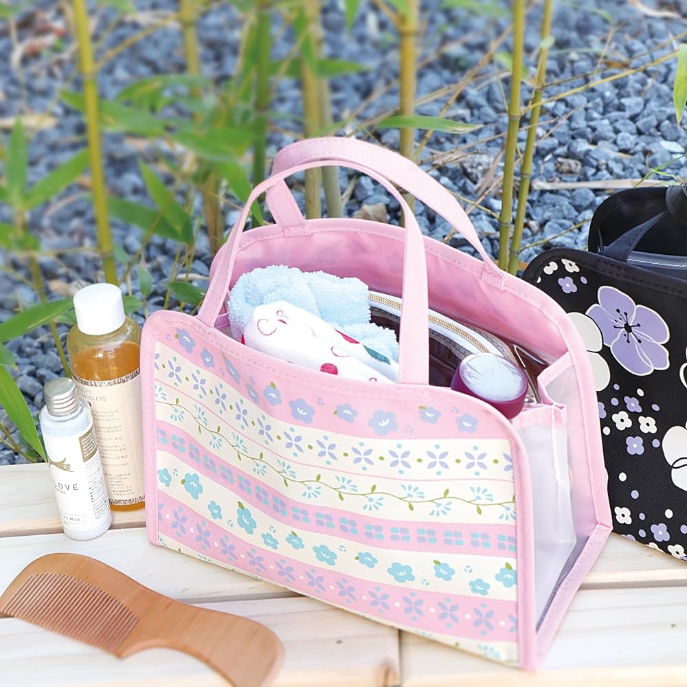 [Styleneo] Spa Bag, Hot Spring Bag, Kyoto Design, Zipper, Pocket Included, Mesh Fabric, Bottom Design, Japanese Style, Hot Spring Pouch (Camellia Black)