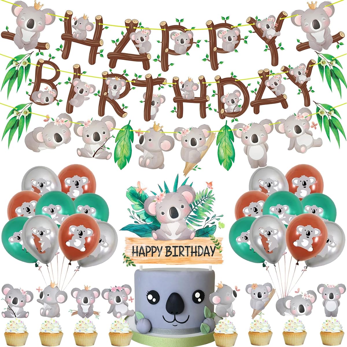 Koala Birthday Party Decorations Set, Koala Birthday Banner Garland Balloons Cake Cupcake Decorations Koala Themed Party Supplies for Kids