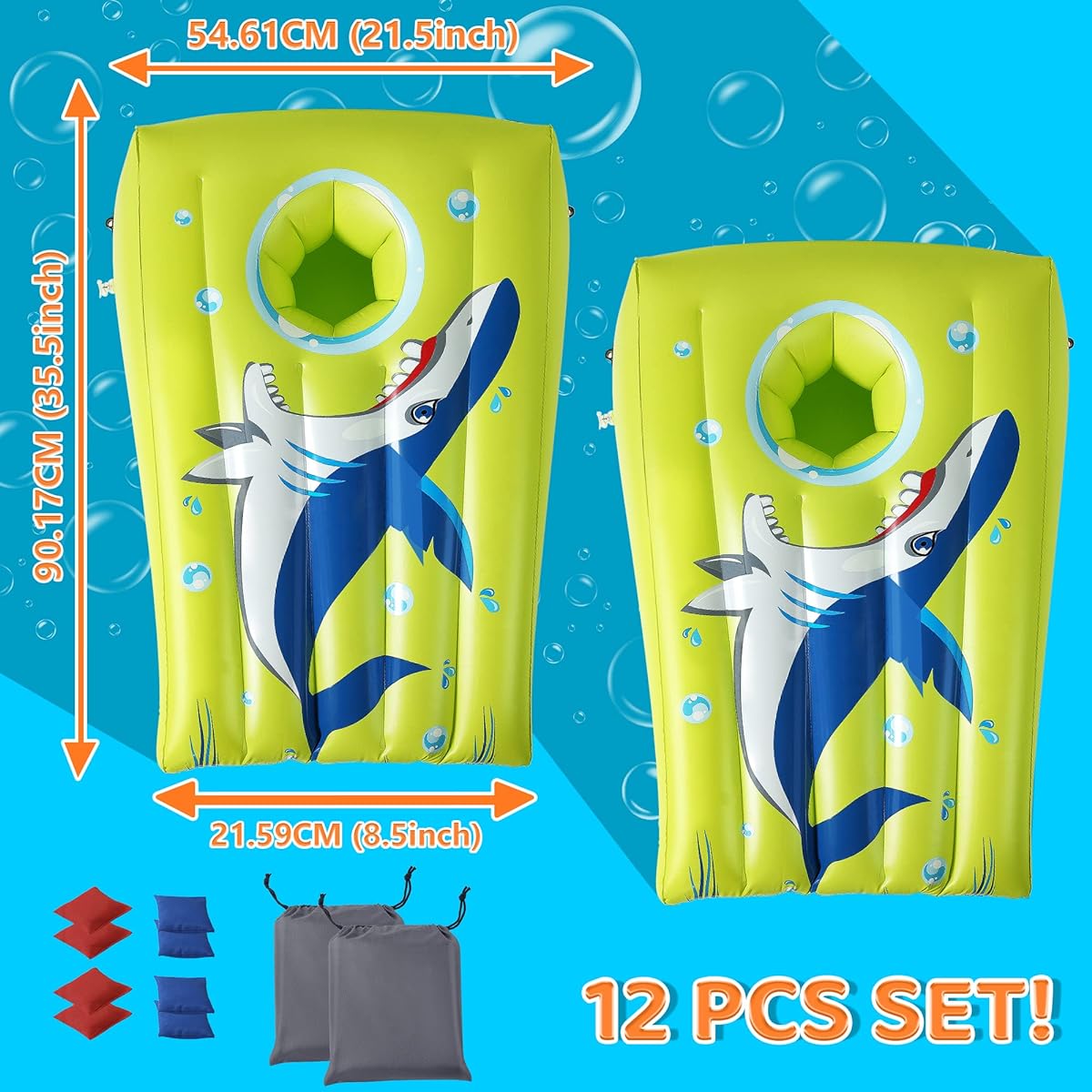 2 Piece Pool Cornhole Game Set Inflatable Shark Swimming Pool Toy Floating Toss Game Cornhole Board with Bean Bag Outdoor Beach Toys for Pool Party