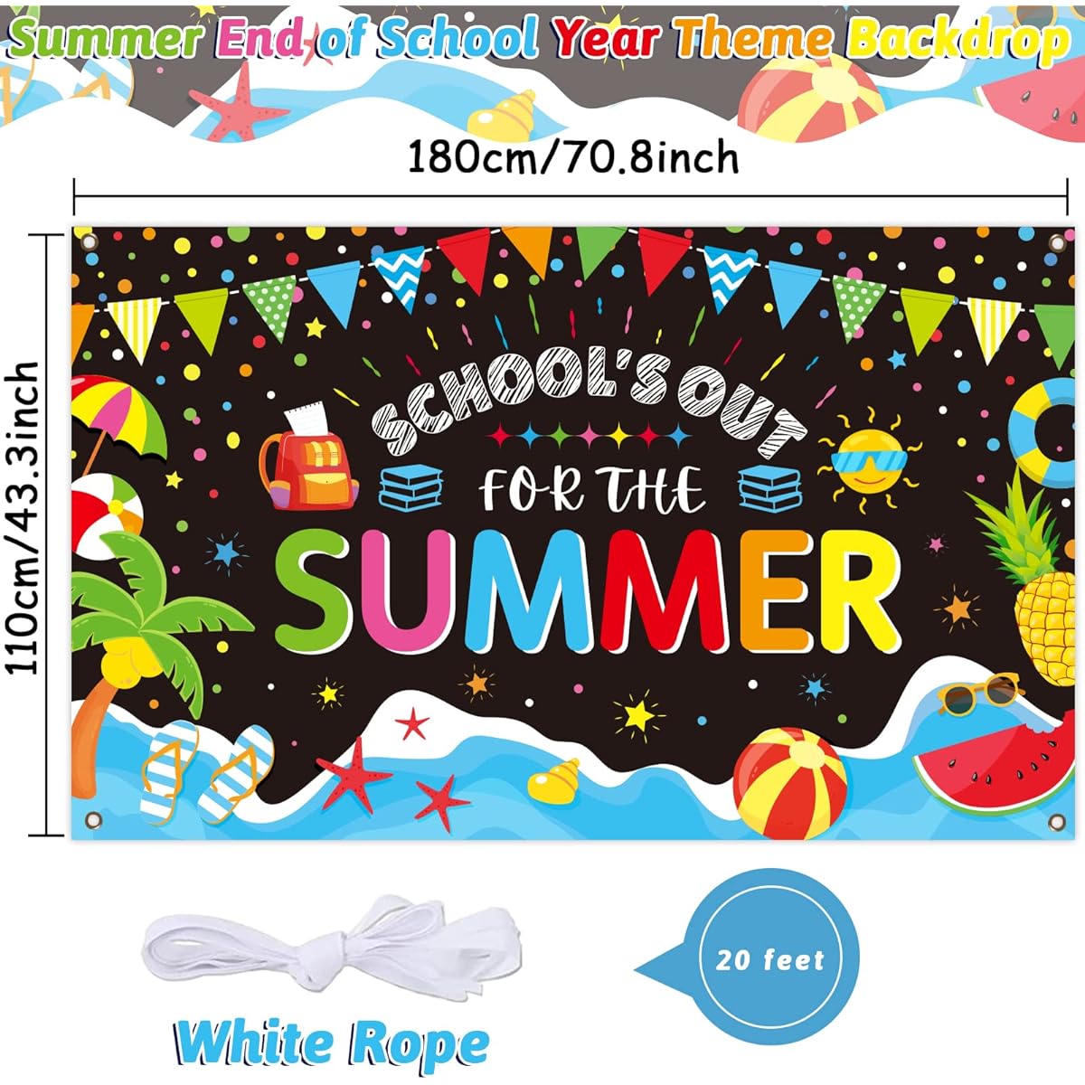 End of School Year Theme Backdrop for Kids, Classroom Summer End of School Year Theme Banner, Tropical Beach Pool Birthday Party School Photo Booth Props Summer Supplies Decorations