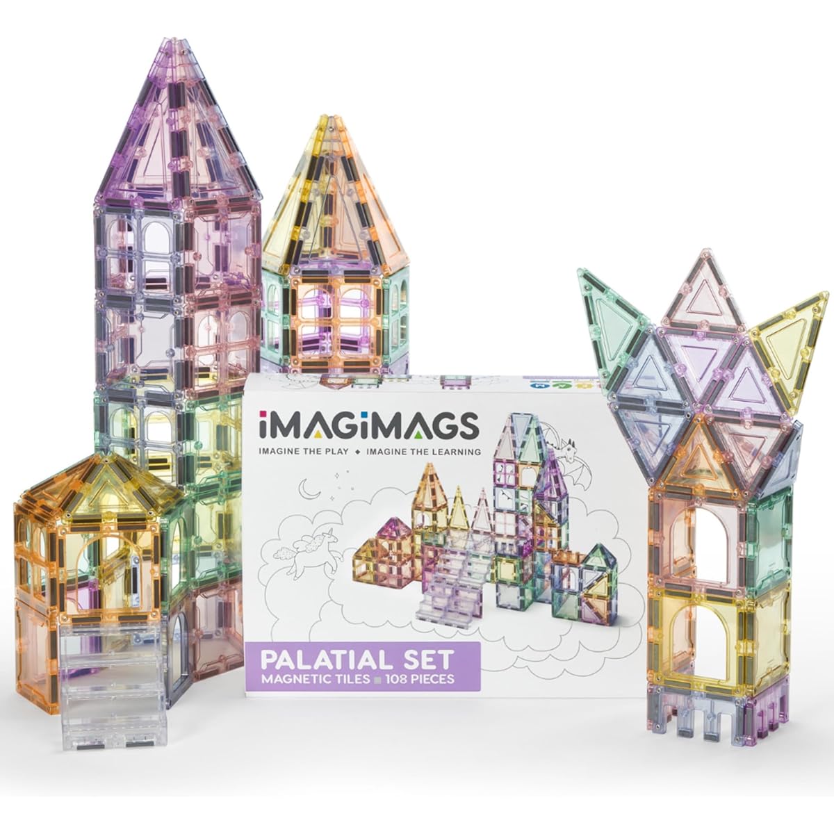 Imagimags Magnetic Building Tiles 108 Piece Palace Set for Boys and Girls Kids Pastel Magnetic Tiles Activity Building Blocks Toddler Toys STEM Ages 3+