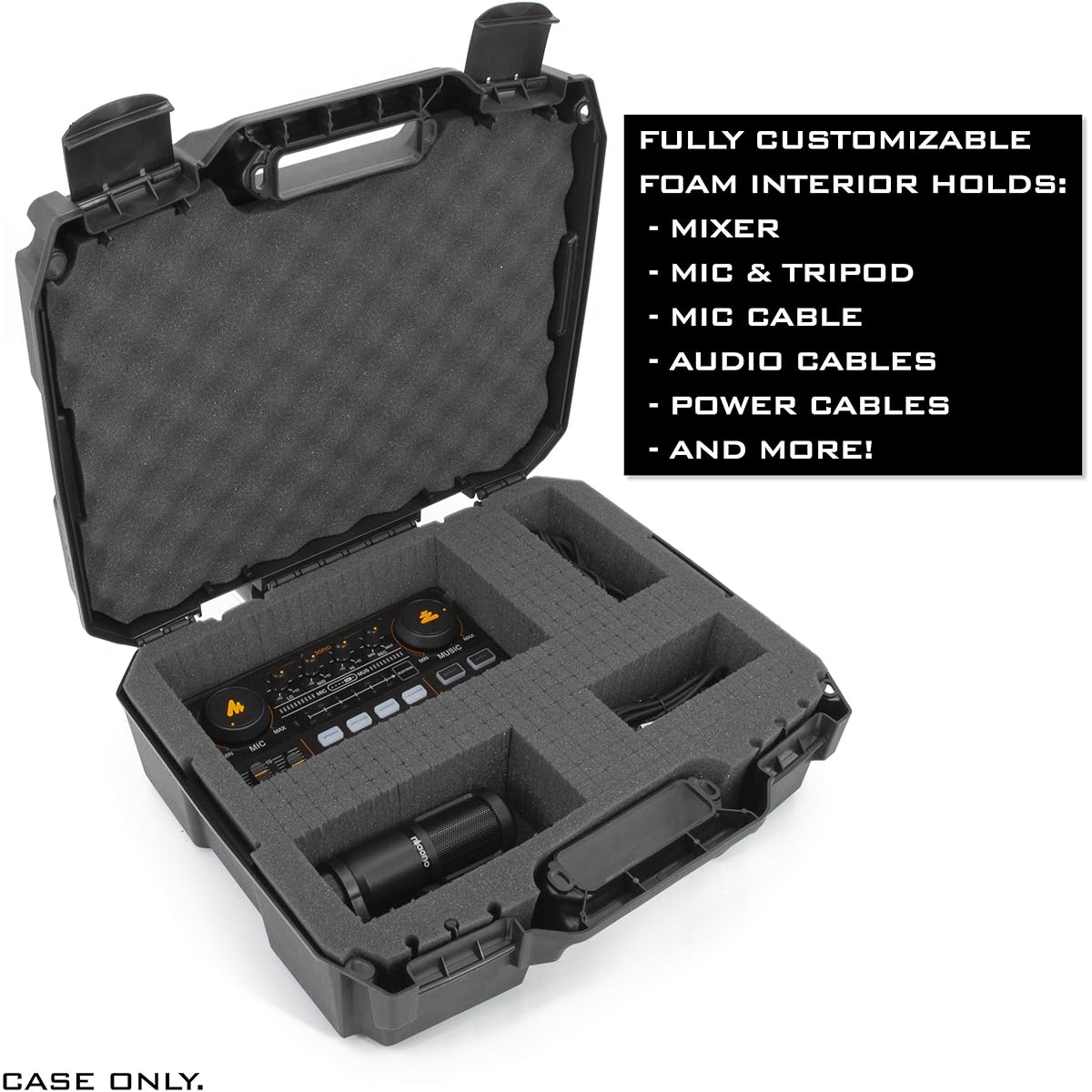 CASEMATIX Hard Shell Travel Case Compatible with Maonocaster Lite Audio Mixer Podcast Equipment Bundle Customizable Foam Interior Fits Podcast Mixer, Microphone, Cables, and More - Case Only