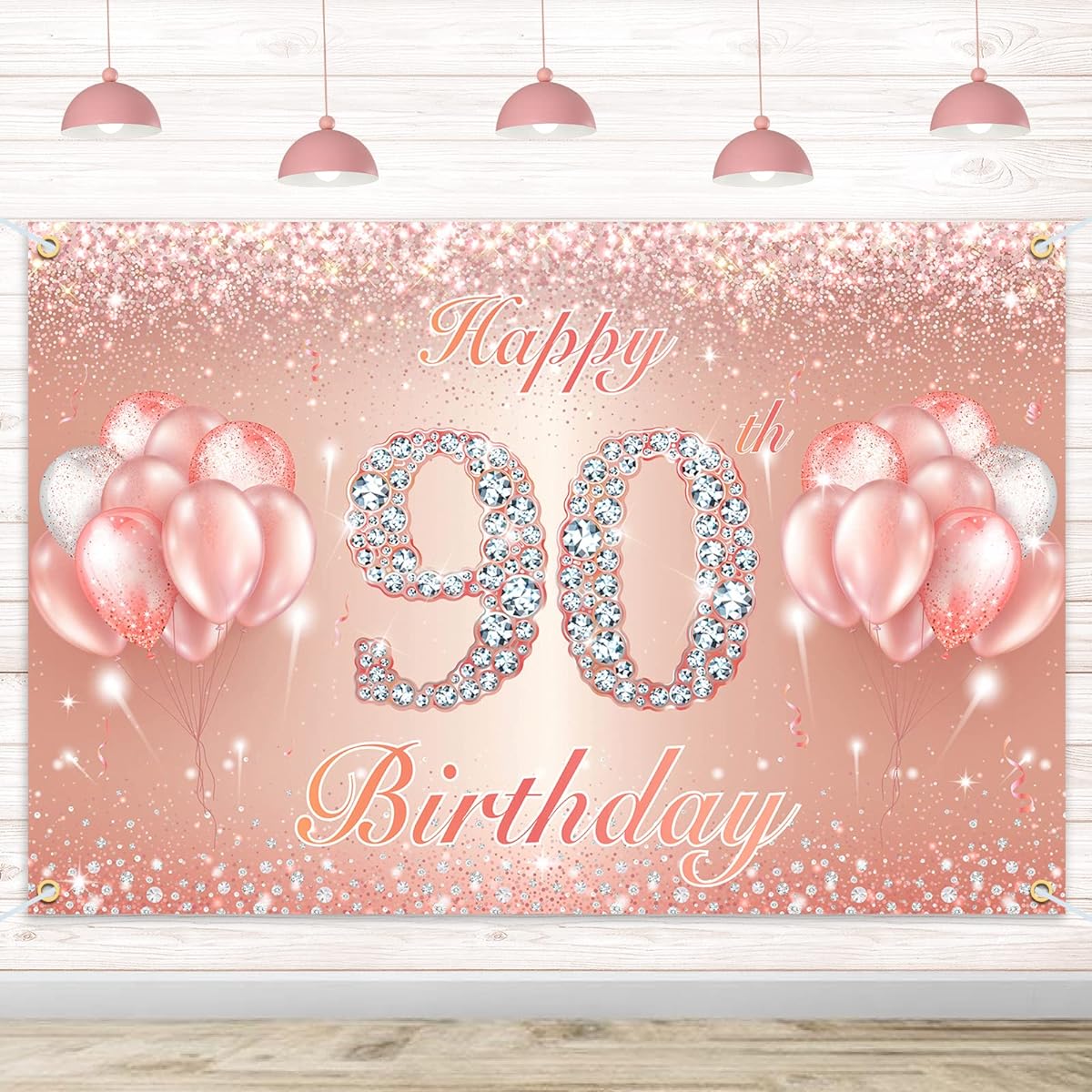 Happy 90th Birthday Banner Backdrop - 90th Birthday Party Decorations Supplies for Women or Men - Rose Gold 4 x 6 Feet