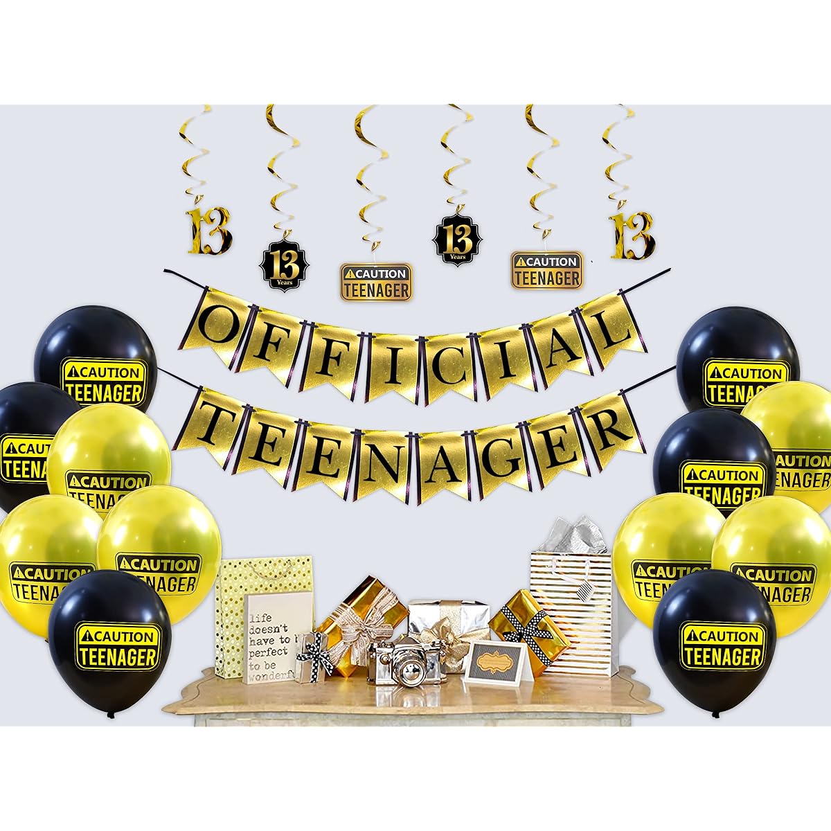 Funny Official Teenager 13th Birthday Party Pack - Gold & Black 13th Birthday Party Supplies, Decorations and Favors