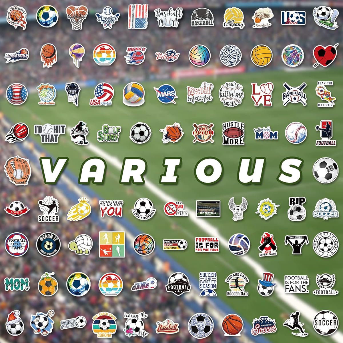 200pcs Sports Stickers Pack, Waterproof Sports Water Bottle Stickers, Assorted Ball Sports Stickers for Kids Boys Teens, Soccer, Football, Baseball, Basketball, Volleyball