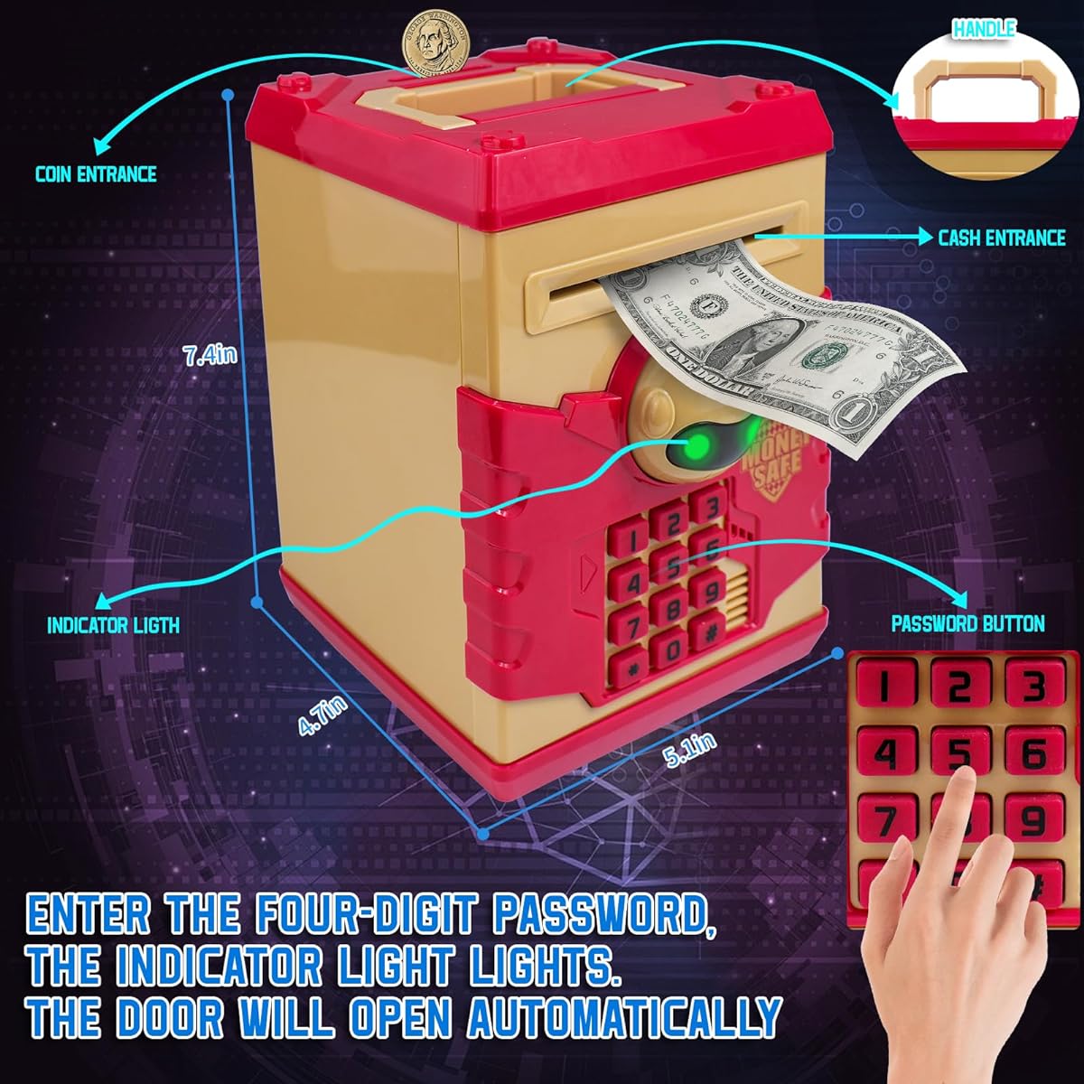 HUSAN Kids Piggy Bank Electronic Password Code Money Bank ATM Bank Box Coin Bank for Kids Boys Girls (Khaki Red)