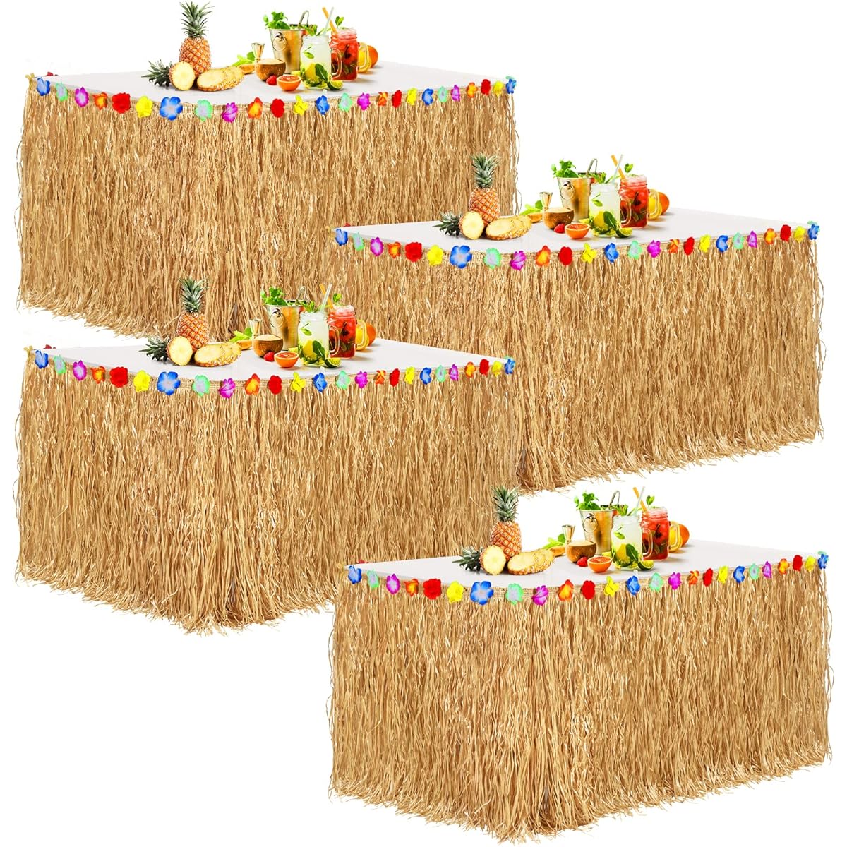 Aodaer 4 Pack Heavy Grass Table Skirts Hibiscus Flowers 400g Hawaiian Luau Tropical Party Decorations Fringe Party Decorations Costume Tiki Tropical Hawaii Moana Birthday Straw Yellow
