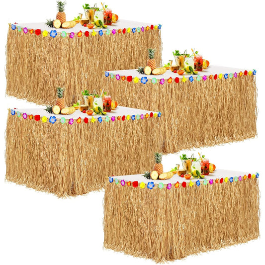 Aodaer 4 Pack Heavy Grass Table Skirts Hibiscus Flowers 400g Hawaiian Luau Tropical Party Decorations Fringe Party Decorations Costume Tiki Tropical Hawaii Moana Birthday Straw Yellow