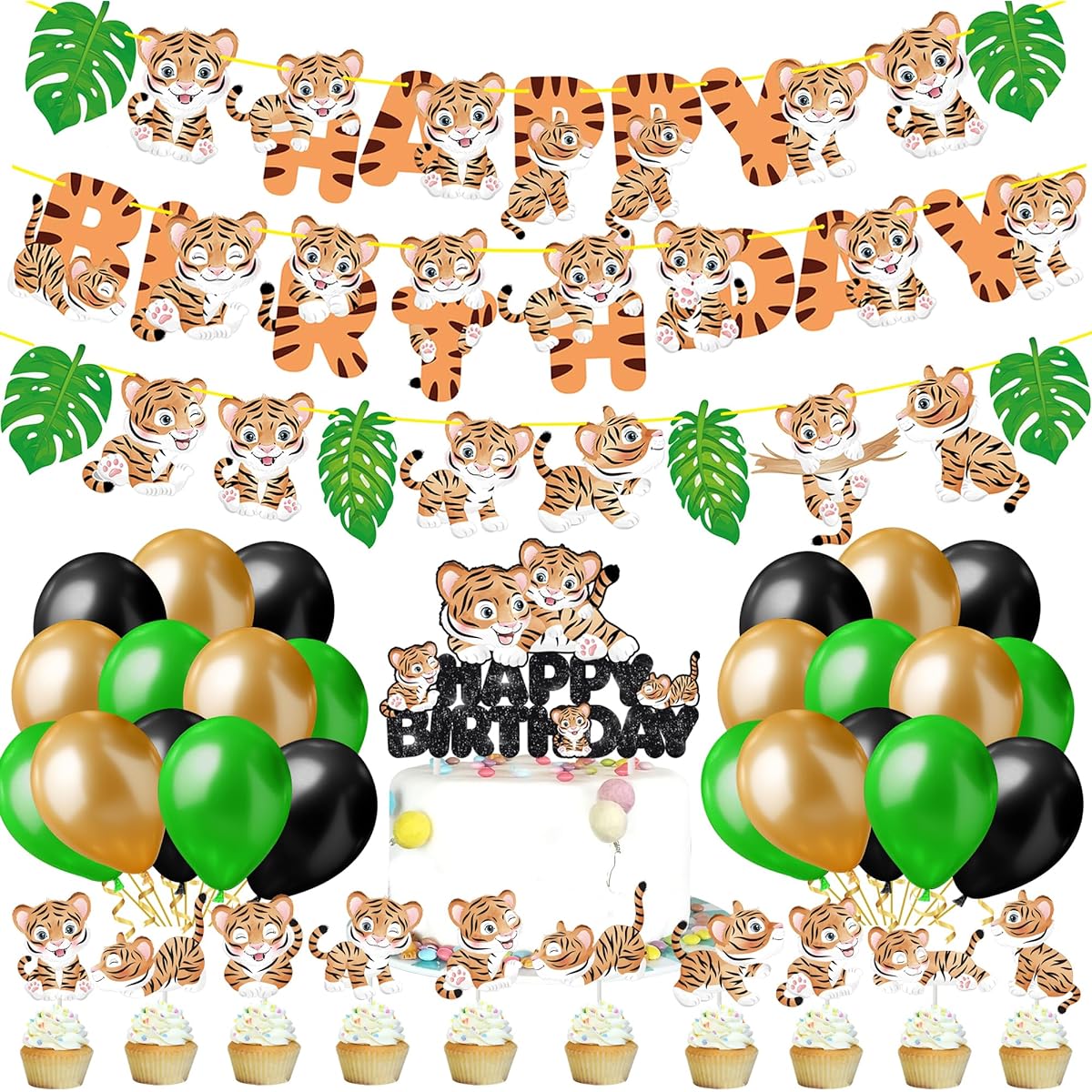 Tiger Birthday Party Decorations, Cute Tiger Happy Birthday Banner with Latex Balloons, Cake Cupcake Decorations for Tiger Birthday Party, Jungle Animal Party Supplies