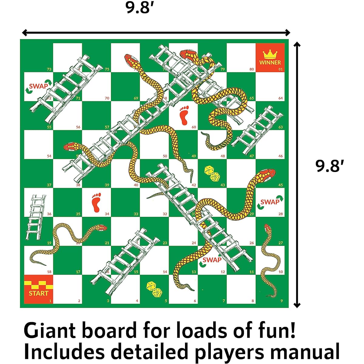 Upper Midland Products Giant Snakes & Ladders Game 9.8 x ft Life Size Play Mat with 8 Ground Pegs, 15" Large Dice, Storage Carry Bag, Yard Game for the Whole Family