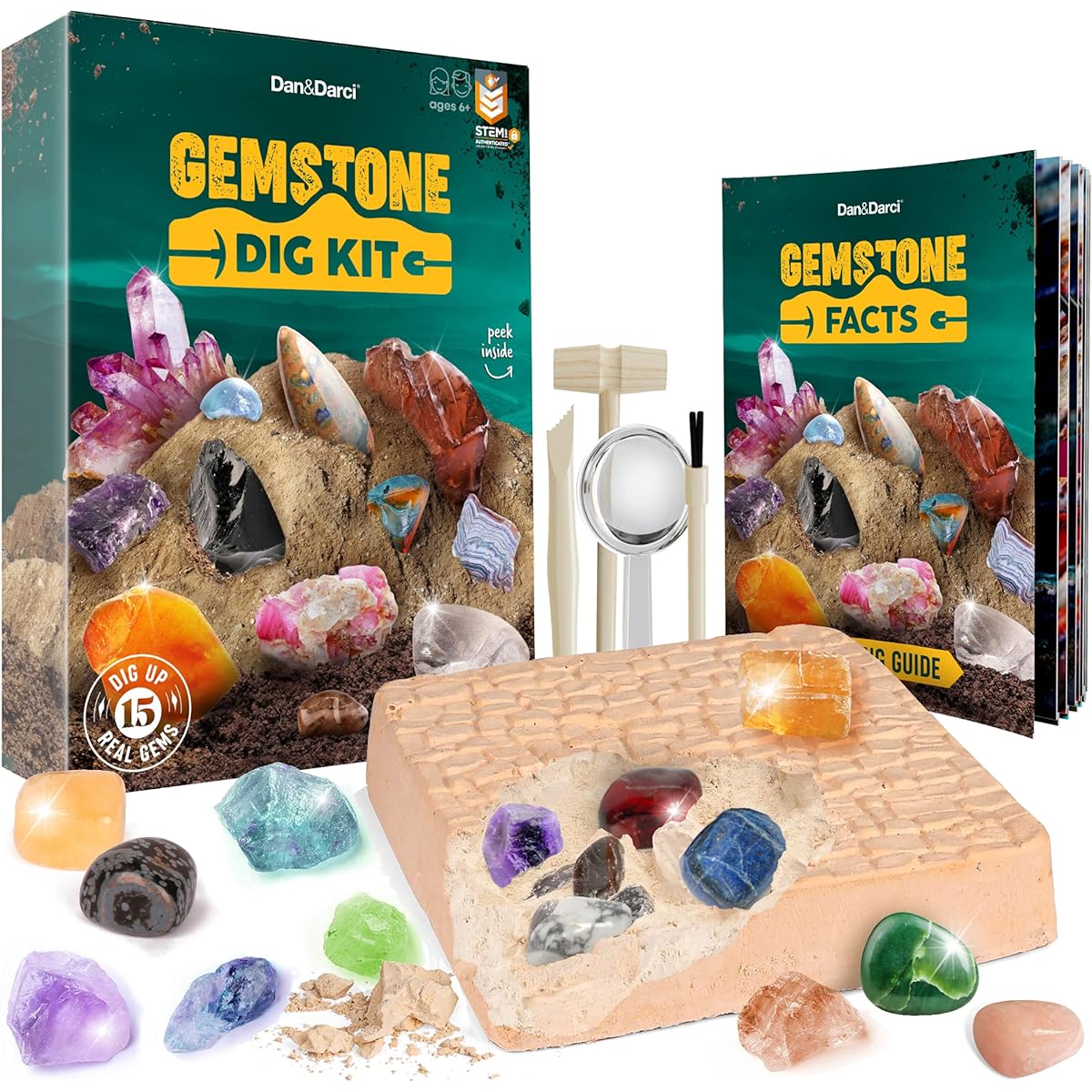 Dan & Darci Mega Gem Dig Kit - Dig Up 15 Real Gems - Science Kit Gemology Mining Gifts for Kids Boys Girls - Rocks Minerals Excavation Toy