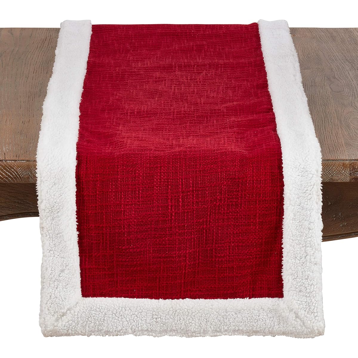 SARO LIFESTYLE St. Nicholas Collection Christmas Table Runner with White Sherpa Border, 16" x 108", Red