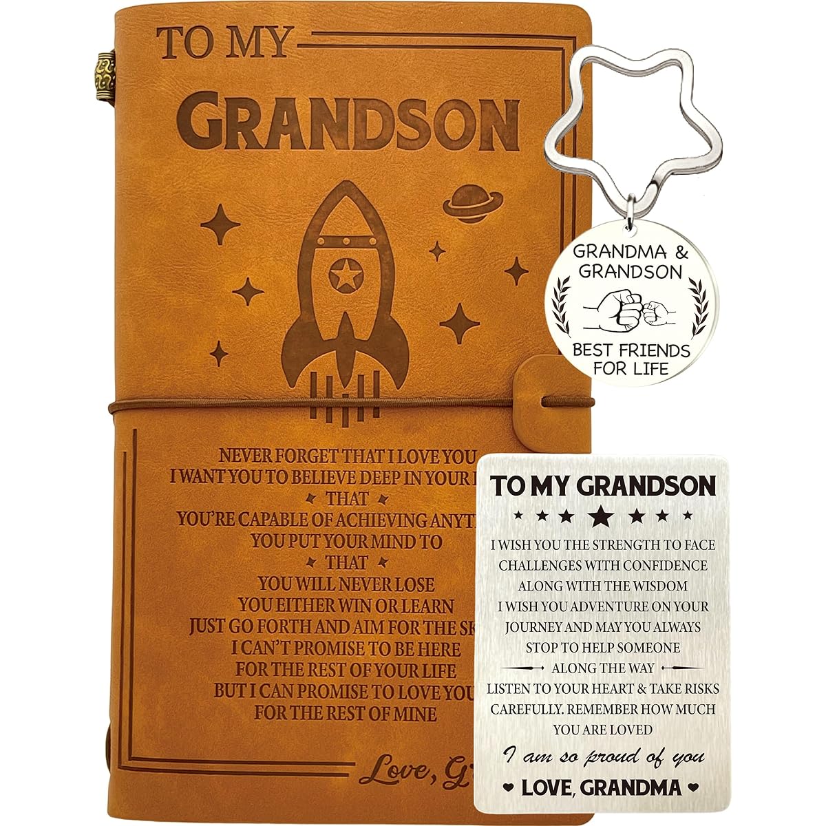 To My Grandson Journal from Grandma, Grandson Graduation Card, Grandson Keychain from Grandma, Grandson Leather Journal 140 Pages Writing Notebook for Grandchildren Birthday Graduation Christmas Gift