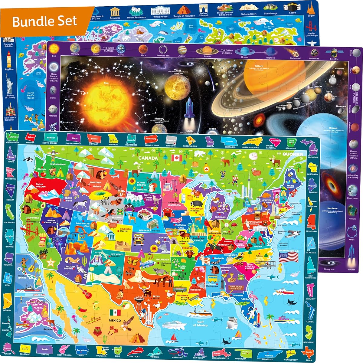 QUOKKA 100 Piece Jigsaw Puzzle for 4-8 Year Olds - Large Floor Puzzle for Toddlers Ages 3-5 - World Map & Solar System Learning Toy - Gifts for Boys & Girls Ages 6-8-10 100