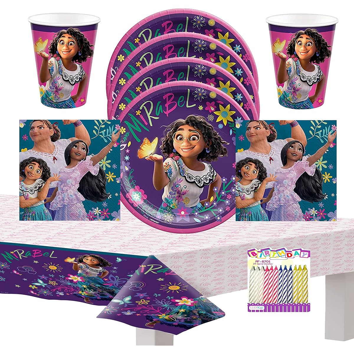 Mirabel Encanto Party Supplies Pack for 16 Guests, Plates Napkins Cups and Table Cover with Birthday Candle