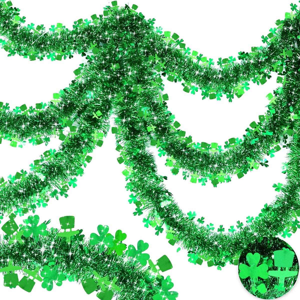 TURNMEON Tinsel Garland St. Patrick's Day Decorations, Green Leprechaun Hat, Shamrock, Clover, Metallic Streamers, St. Patrick's Day Decorations for Home Outdoor Indoor Irish Party Supplies Decorations 33ft