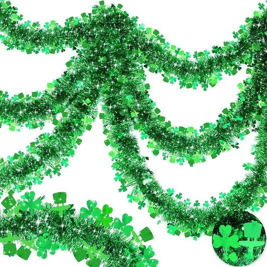 TURNMEON Tinsel Garland St. Patrick's Day Decorations, Green Leprechaun Hat, Shamrock, Clover, Metallic Streamers, St. Patrick's Day Decorations for Home Outdoor Indoor Irish Party Supplies Decorations 33ft
