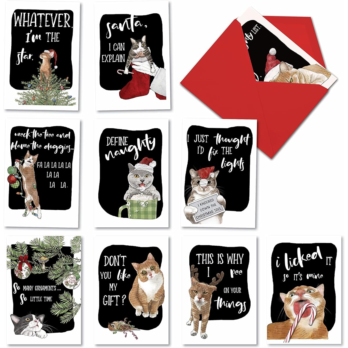 The Best Card Company Variety Pack of 10 Naughty Kittens Christmas Greeting Cards with Envelopes Animal Humor Holiday Box Set for Men and Women - Holiday Cat Antics AC3459XSG-B1x10