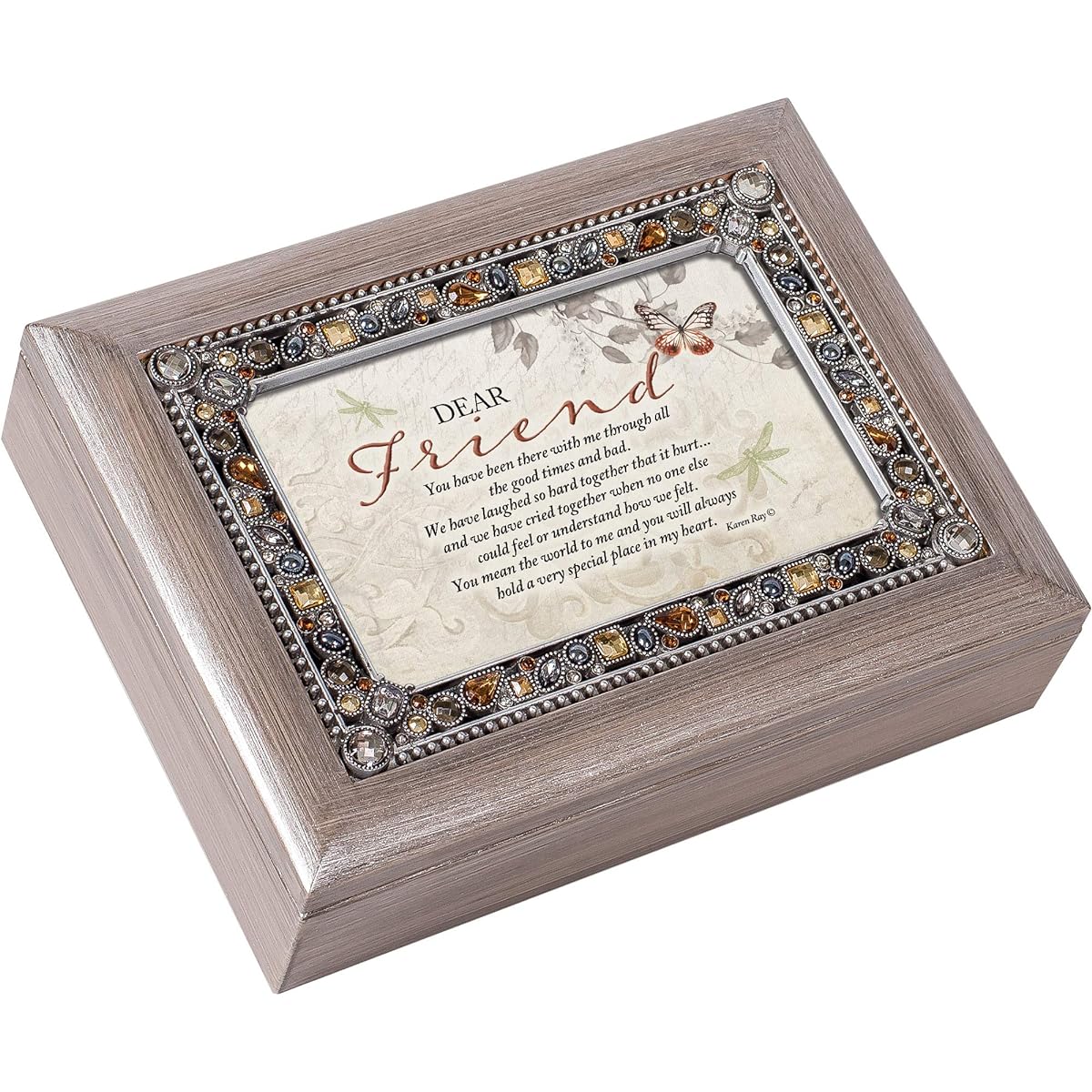 Cottage Garden Dear Friend Place in Heart Brushed Pewter Jeweled Music Box That's What Friends are for