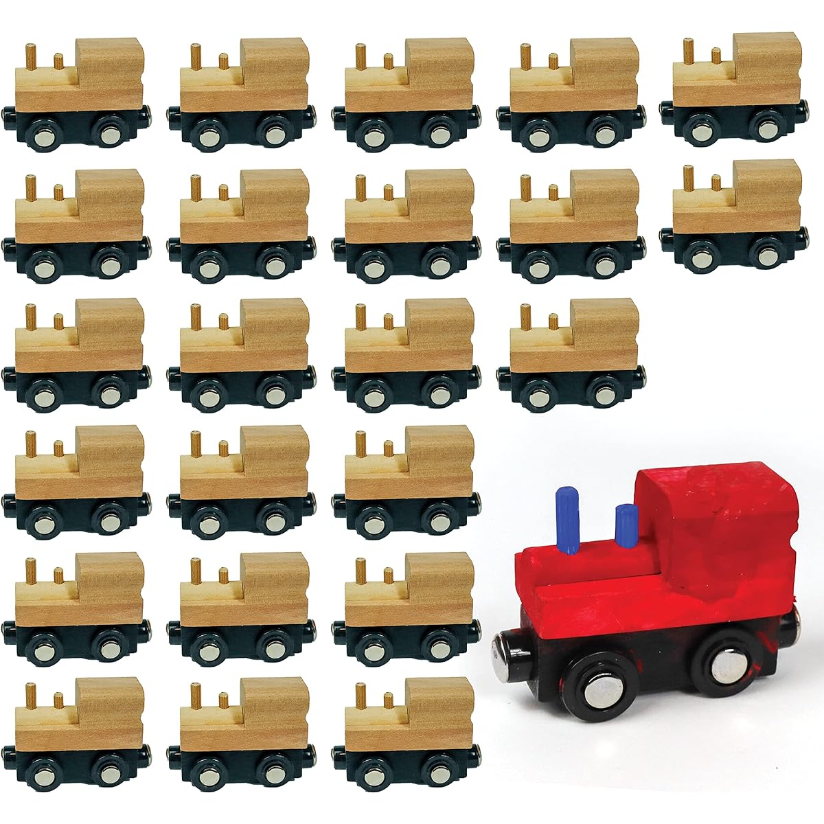 24 Pieces Wooden Trains - DIY Unpainted Magnetic Wooden Train Cars - Perfect for Painting Projects, Crafts, and Birthday Parties Compatible with Thomas, Chuggington, and Brio
