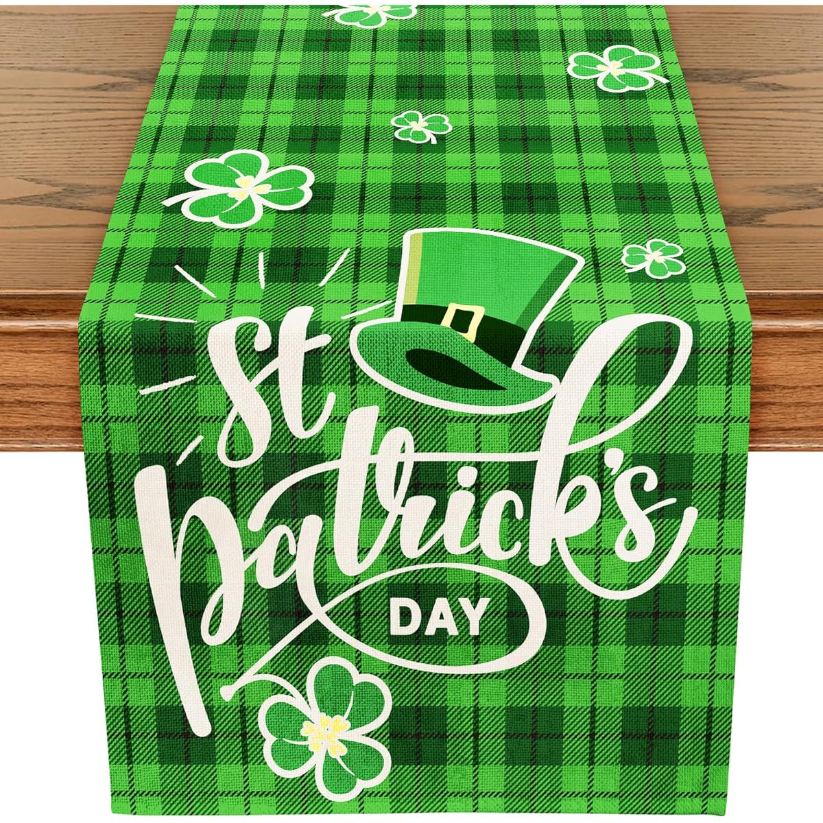 WRAPAHOLIC Shamrock St. Patrick's Day Table Runner - 13 x 72 Inch - Seasonal Clover Farmhouse Burlap for Indoor Kitchen Anniversary Wedding Dining Table Decorations Home Party