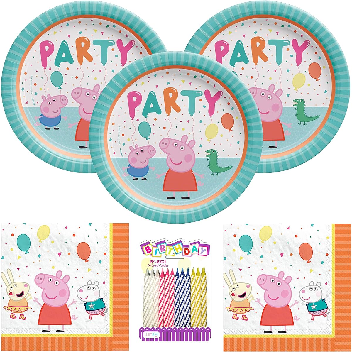 Peppa Pig Party Supplies Pack Serves 16 with Dinner Plates and Luncheon Napkins and Birthday Candle (Set of 16)