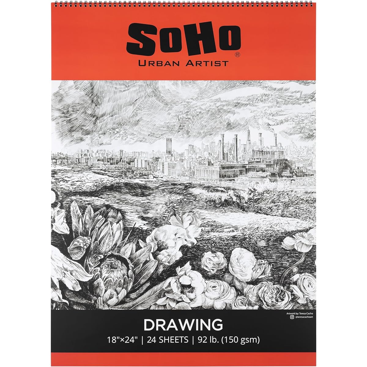 SoHo Urban Artist Soft Cover Drawing Pad 18x24" - 90lb (150gsm) Drawing Paper Pad for Artists/Travel/Illustration and More - Single