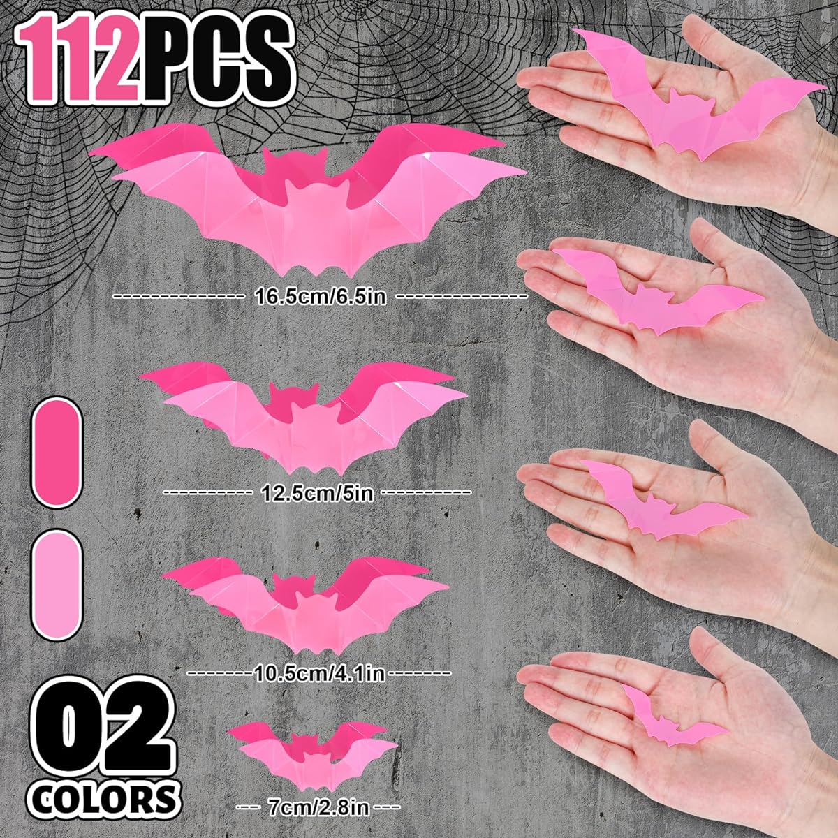 Whaline 112Pcs Halloween Wall Decoration 3D Bats with Foam Adhesive Pink and Rose Red Waterproof Spooky Bats Stickers Hocus Pocus Party Supplies for Halloween Home Wall Window Door Decor, 4 Sizes