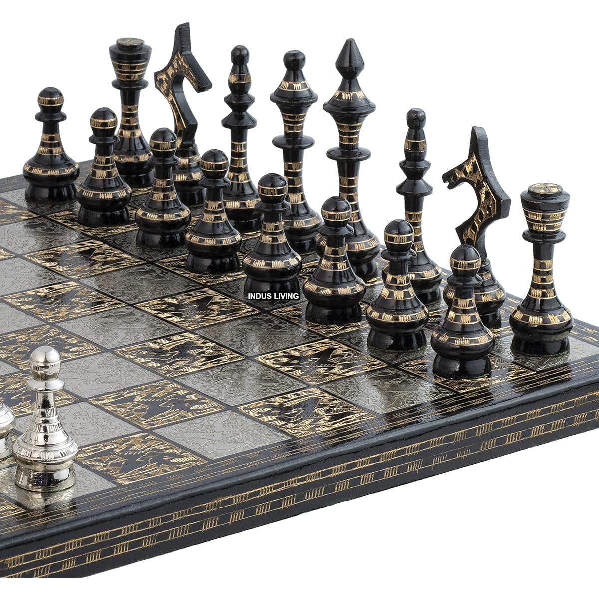 INDUS LIVING Luxurious Chess Board Game Set | Perfect Gift for Professionals and Adults (Size: 12 x 12 Inches, Silver & Black)