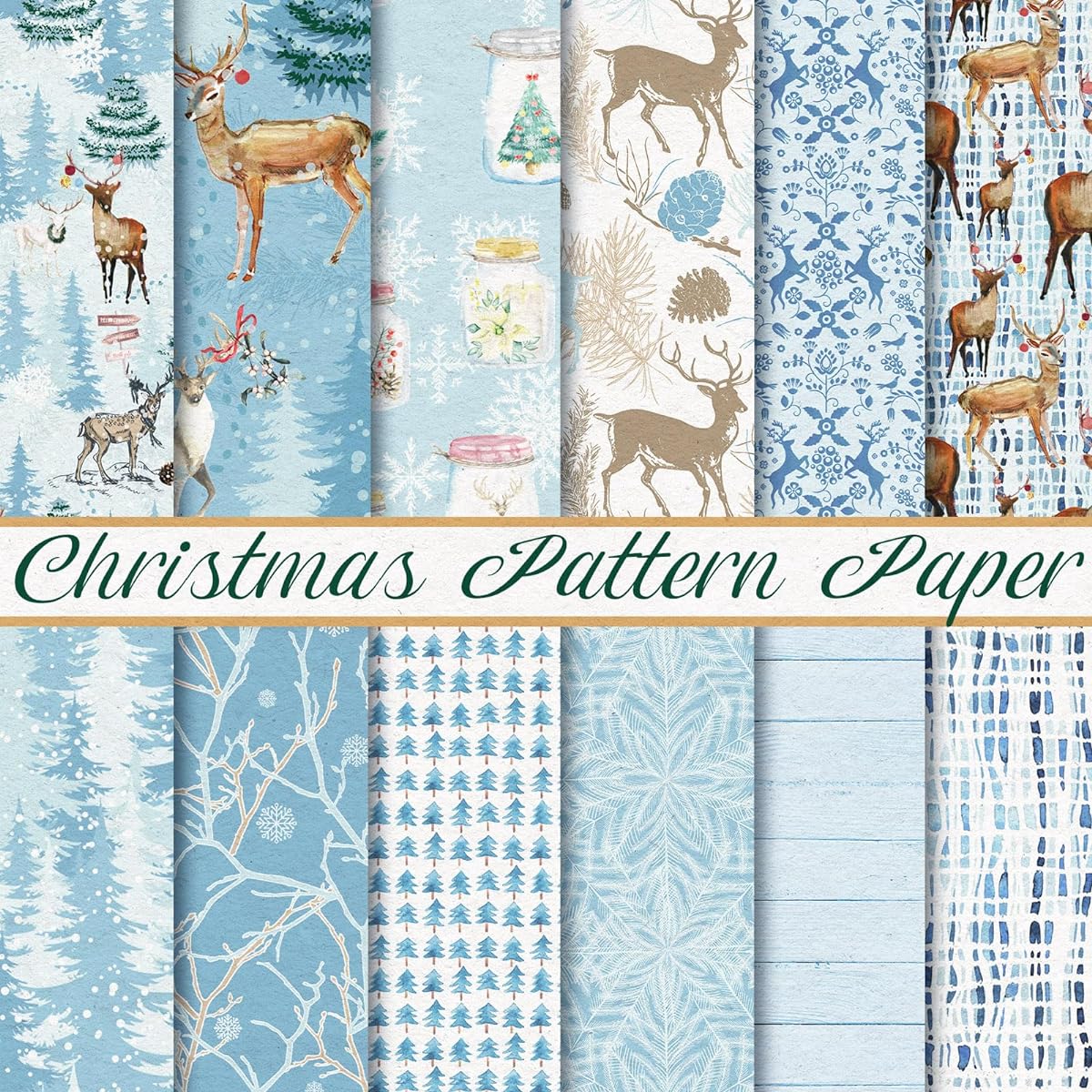Whaline Christmas Pattern Paper Blue Reindeer Scrapbook Specialty Paper Winter Wonderland Double Sided Decorative Craft Paper for DIY Card Making Photo Album Decorative 11.8 x 11.8 Inch 24 Pieces