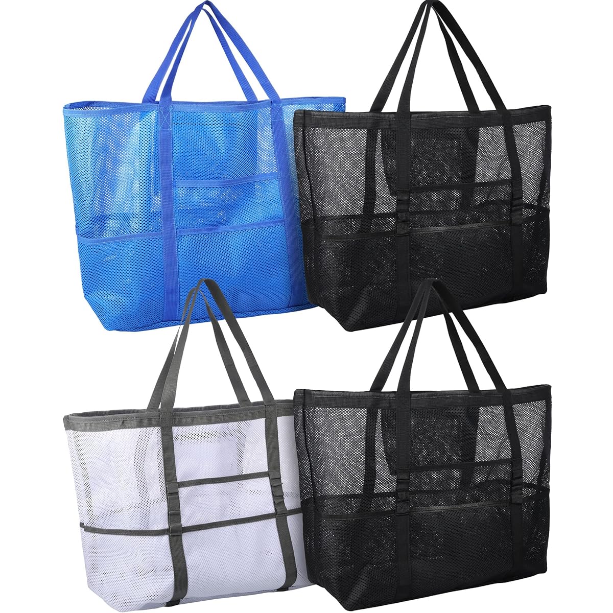 Mesh Beach Bag Extra Large Beach Tote Bag Pool Bag Beach Toy Bag Grocery Storage Net Bag with 8 Pockets for Family Pool Beach or Picnic Pack of 4