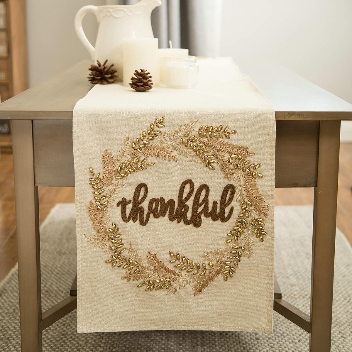 Glitzhome Linen Table Runner Embroidered Leaf Pattern Fall Harvest Decorations 72" Inches (Long) 1211202519