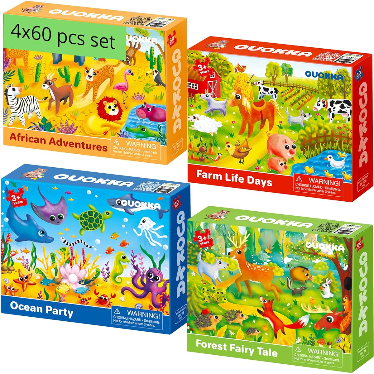 QUOKKA 60 Piece Puzzle for Kids Ages 4-6 - 4 Jigsaw Puzzles for Toddlers Ages 3-5 - Animal Toys for Boys and Girls Ages 6-8-10