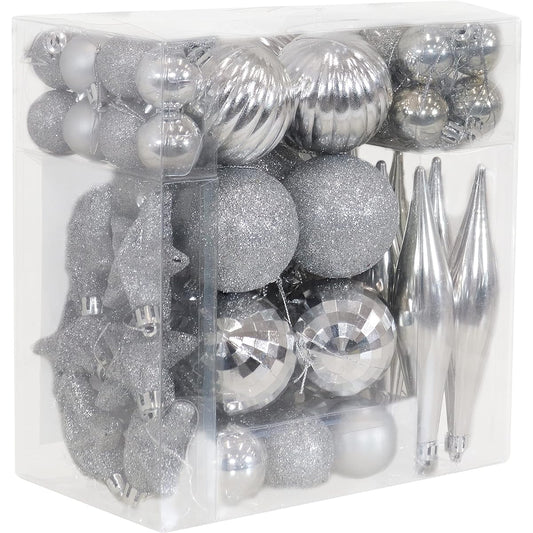 Sunnydaze Deck The Halls 59 Pieces Shatterproof Christmas Ball Ornament Kit with Hooks Tree Decoration Set for Holiday Decorations and Gatherings, Silver