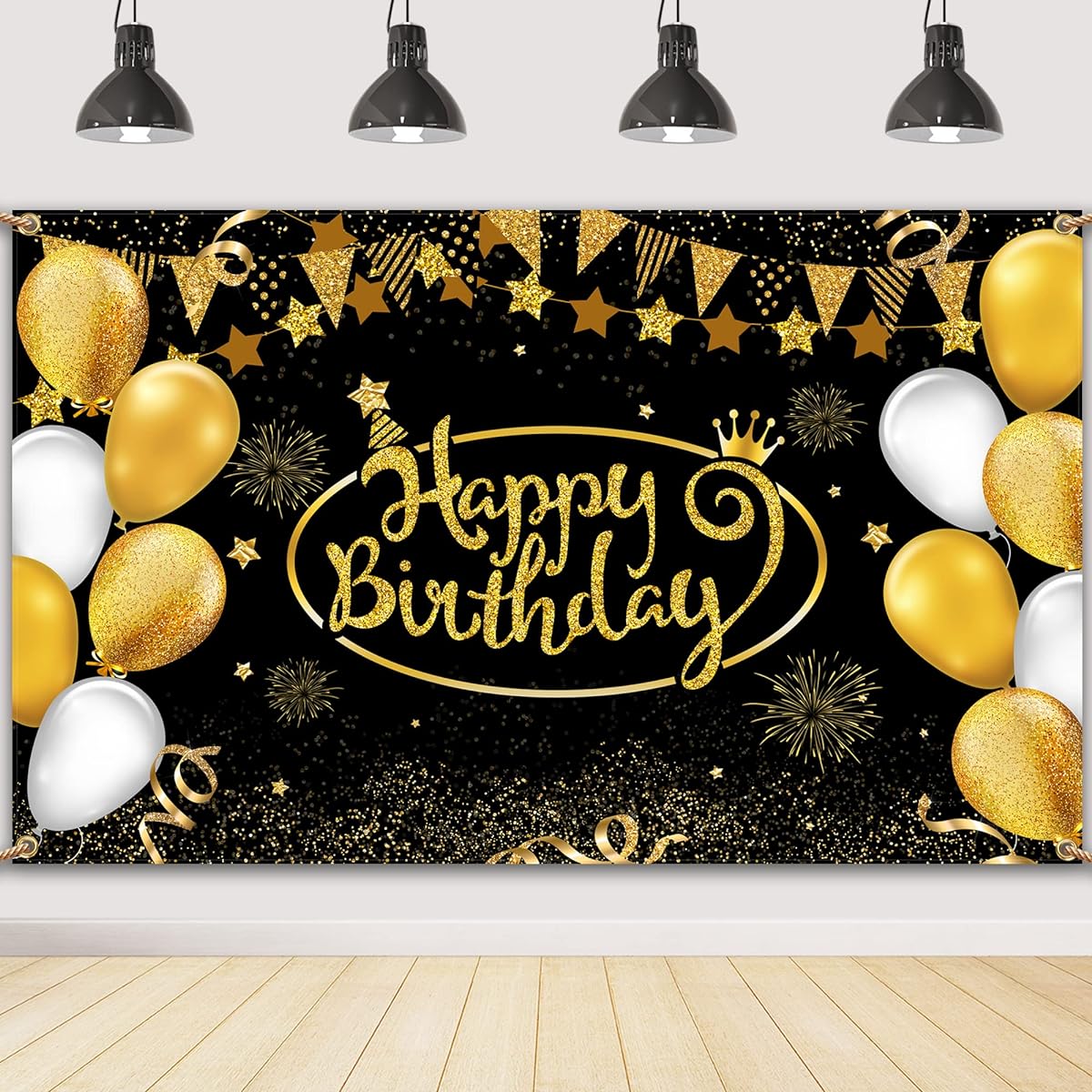 Black & Gold Happy Birthday Backdrop Banner Decoration Large Balloon Fireworks Sign Poster Photography Background Birthday Party Supplies 70.8 x 43.3 Inch