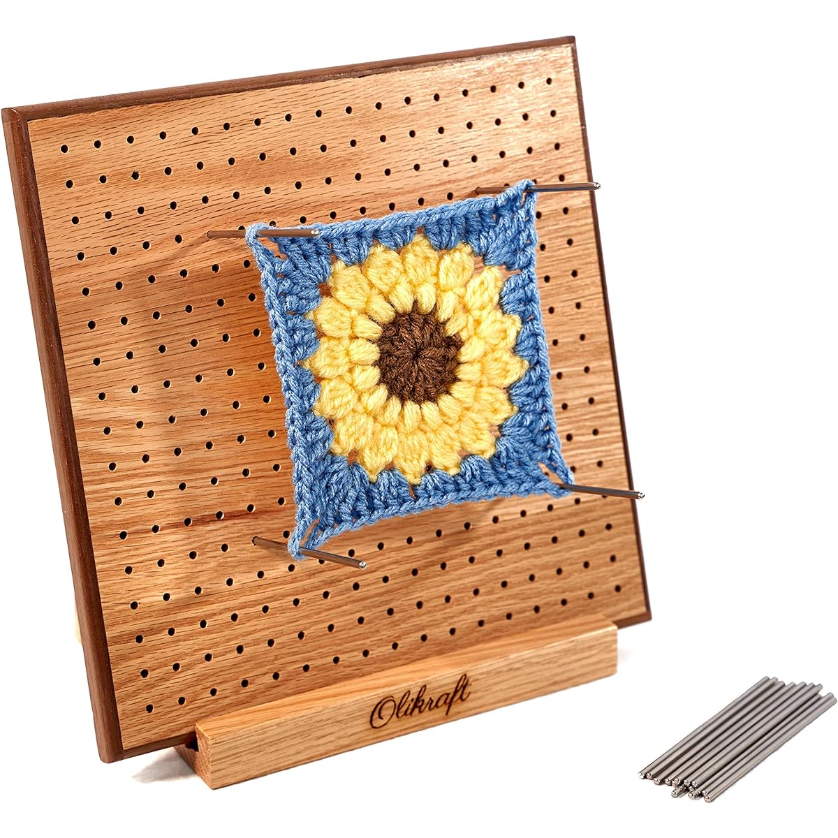 Olikraft Handcrafted Wooden Blockboard - Great Gift for Crocheters and Granny Square Lovers - Includes 50 4" Stainless Steel Rod Pins with Stand (8")