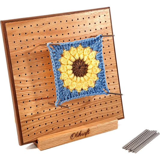 Olikraft Handcrafted Wooden Blockboard - Great Gift for Crocheters and Granny Square Lovers - Includes 50 4" Stainless Steel Rod Pins with Stand (8")