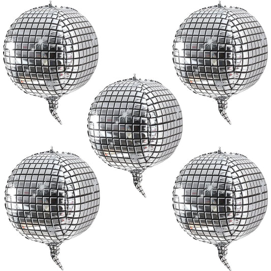 5pcs Disco Foil Balloons - Metallic Mirror Mylar Balloons 70s Disco Party Decorations Birthday Party Disco Balloons 4D Silver Laser Balloons Disco Dance Party Supplies Balloons for Wedding