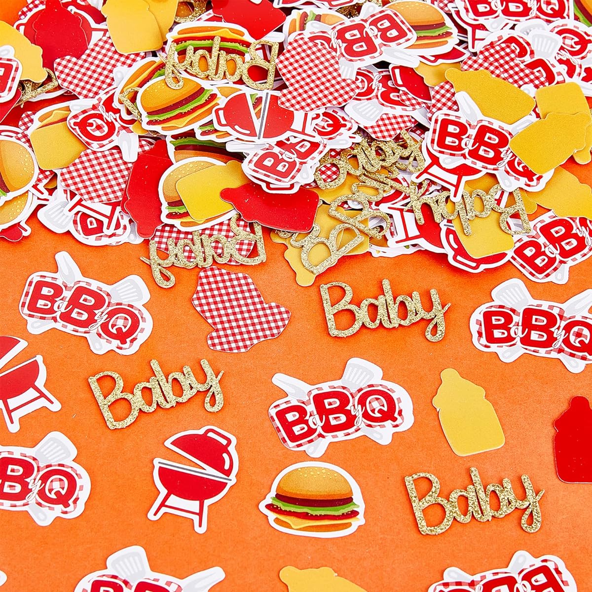 BBQ Baby Shower Decorations 200 Pieces Baby Q Confetti for Table Red and Yellow Summer BBQ Table Decor Confetti Baby BBQ Hamburger Baby BBQ Party Decorations Supplies Baby Shower Gender Reveal Outdoor Indoor