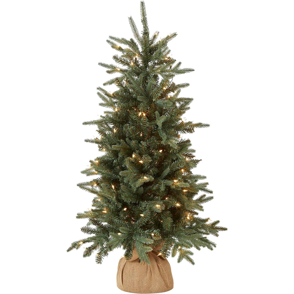 National Tree Company Artificial Mini Christmas Tree with Lights | Includes Small Lights and Fabric Bag Base | For Tabletop or Desk | Burlap - 4' x 4' Green