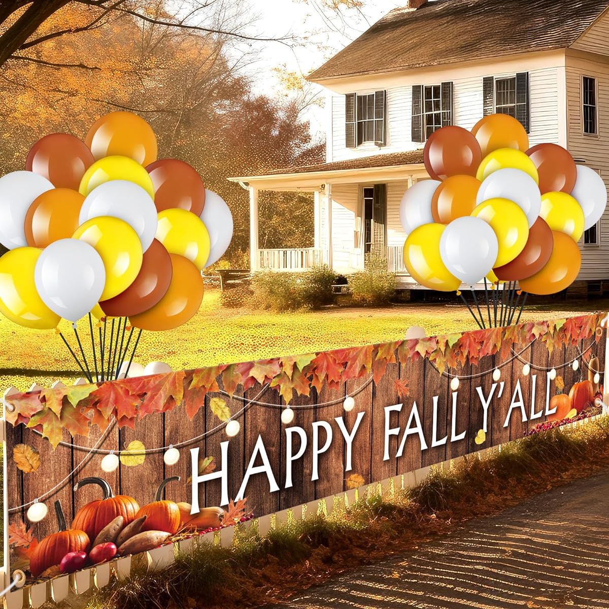 Wettarn Happy Fall Y'all Decorations Large Fabric Fall Yard Sign Outdoor Thanksgiving Banner with Latex Balloons Fall Thanksgiving Holiday Party Supplies 41 Pieces