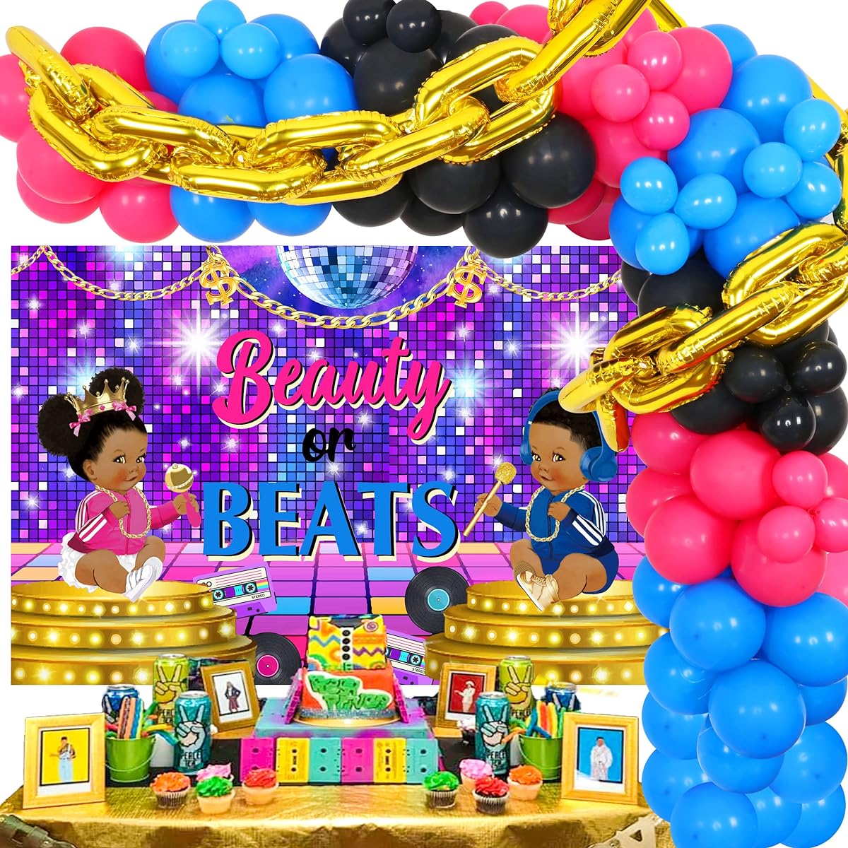 Beauty or the Beast Gender Reception Decorations Kit, 80's 90's Baby Shower Decorations - Balloon Garland Arch, Gold Foil Chain Balloons, Hip Hop Themed Backdrop