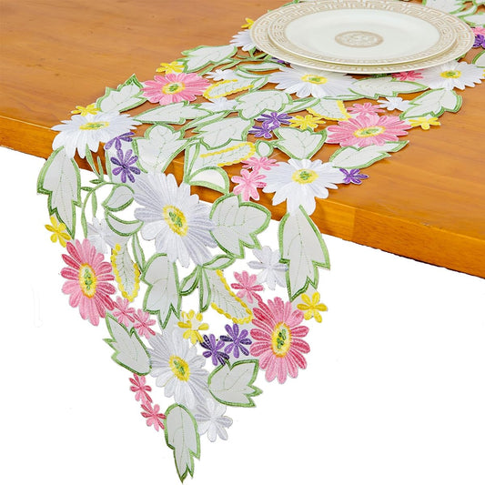 AMARED Spring Daisy Table Runner Embroidered Floral Applique Floral Cutwork Table Linen for Home Decoration (40.8x69cm)