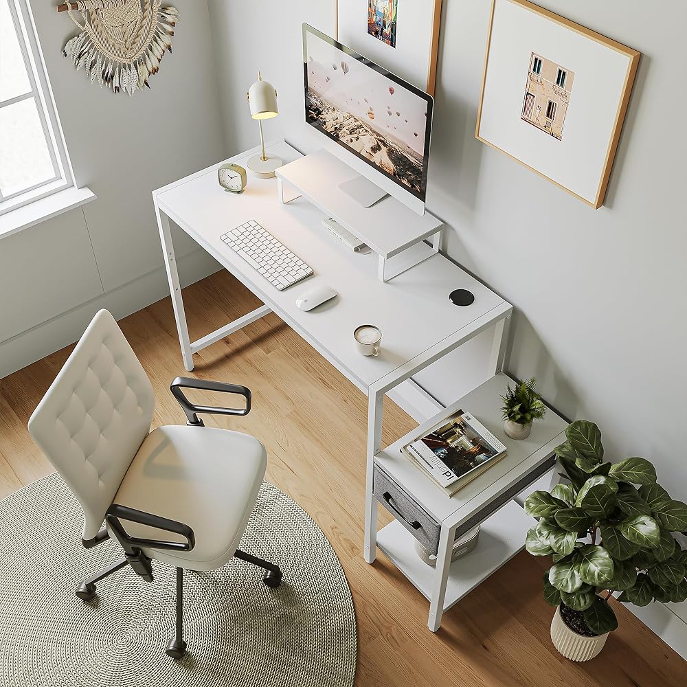 CubiCubi Desk, Movable Top Board, Adjustable Height, Comes with Rack, Comes with Drawers, Living Alone, Convenient Storage, Computer Desk, Study Desk, Width 80cm x Depth 40cm, White