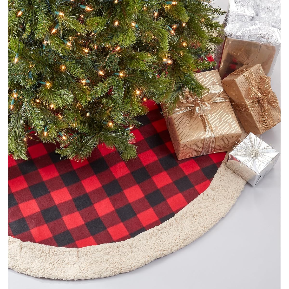 SARO LIFESTYLE Buffalo Check Sherpa Tree Skirt Red-56 Round 56 inch Red