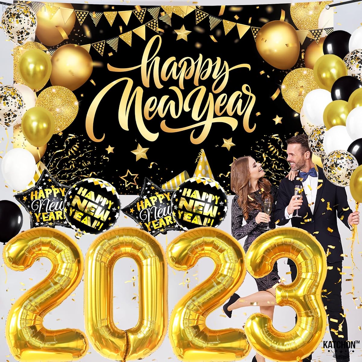 Large New Year's Eve Party Supplies 2023 Set - 44 Pack | Large Happy New Year Backdrop | 40" Gold 2023 Balloons Happy New Year Decorations 2023 Happy New Year Banner 2023 New Year Balloons