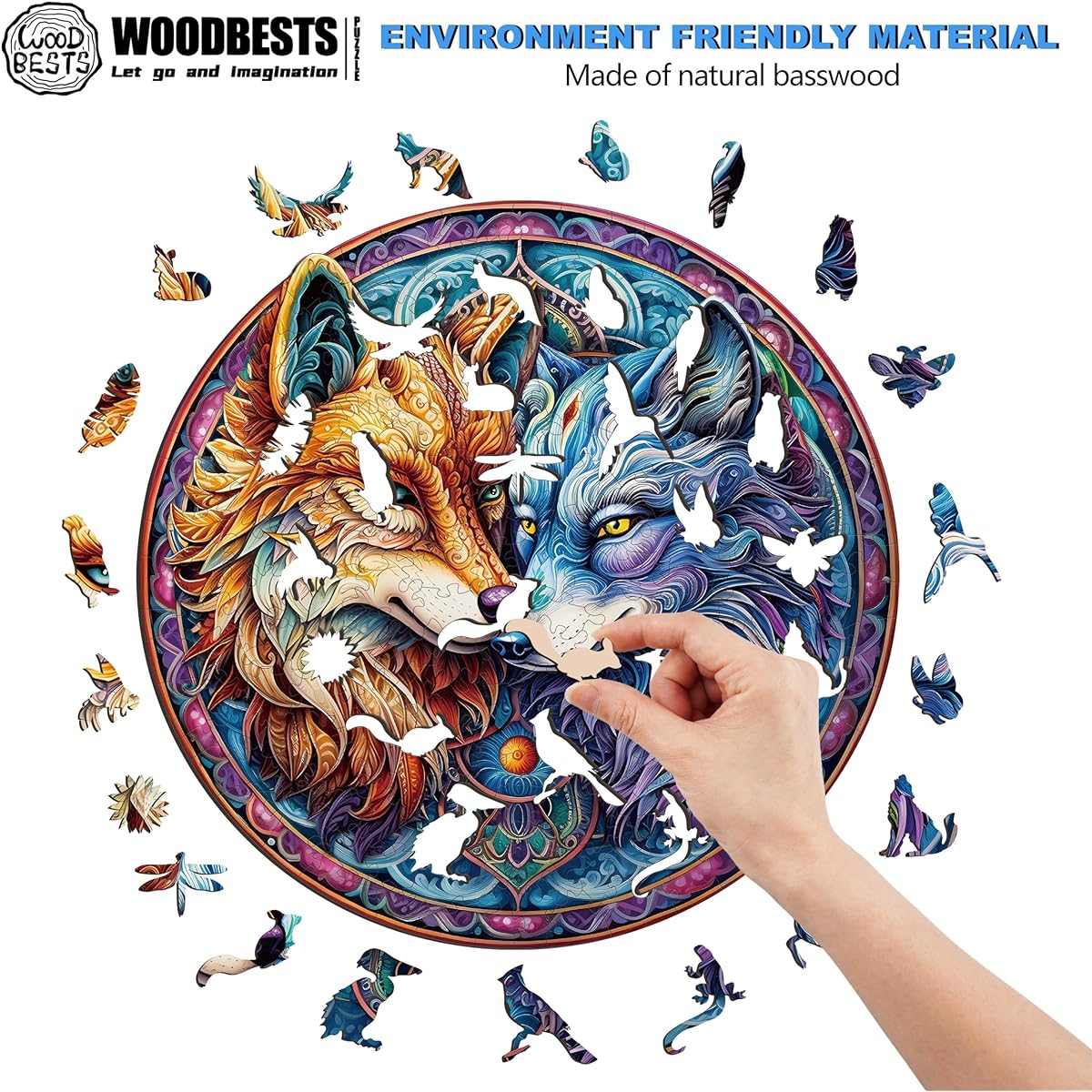 WOODBESTS Wooden Puzzle for Adults Mandala Yin Yang Wolf Puzzle (Medium, 190 Pieces 11.4" x 11.1") Beautiful Wooden Box Wooden Jigsaw Puzzle Unique Shape Birthday Gift for Adults and Kids Family Game